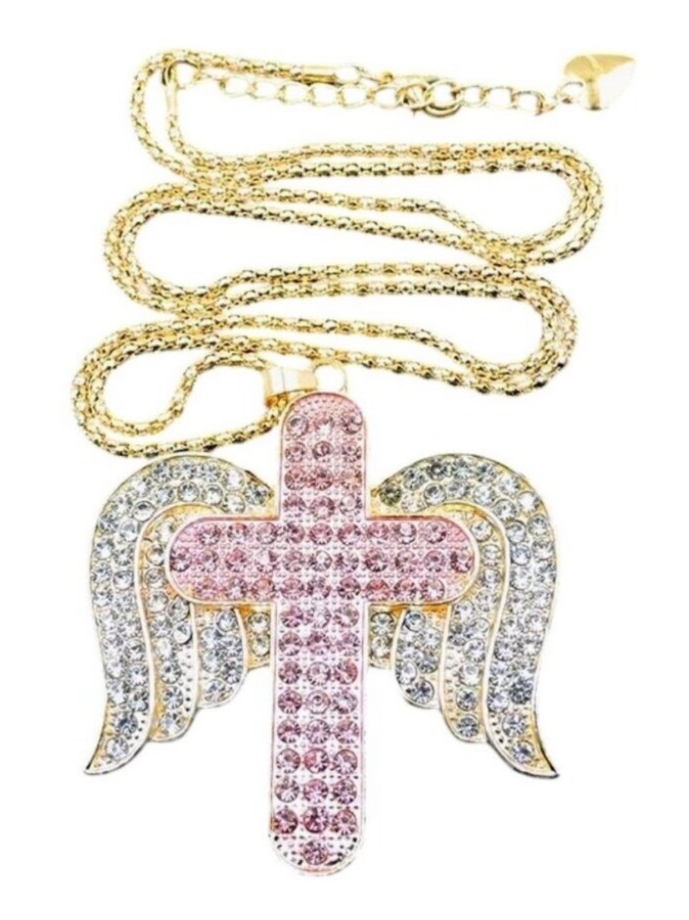Betsey Johnson Necklace Crystal Cross with Wings Pendant Gold Tone